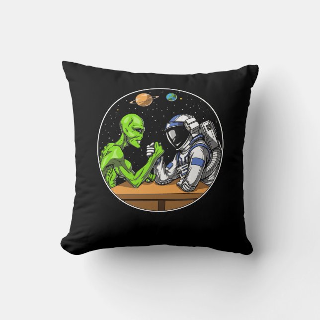 Space Astronaut Alien Arm Wrestling Funny Cosmic Throw Pillow (Front)
