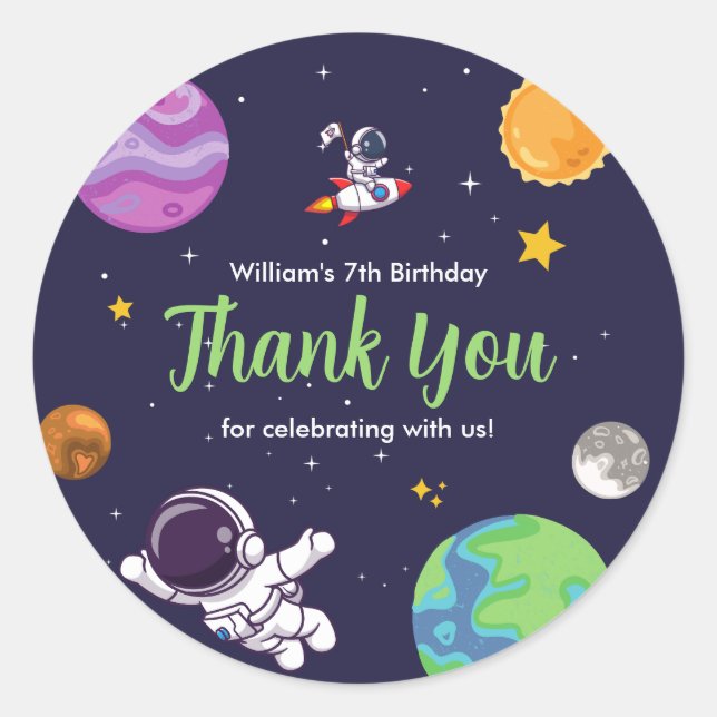 Space Astronaut Any Age Birthday Party Classic Round Sticker (Front)