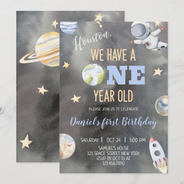 Space Astronaut Birthday One Year Invitation (Front/Back)