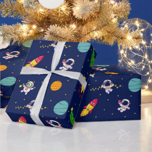 Space Astronaut Christmas Tree Kids Wrapping Paper