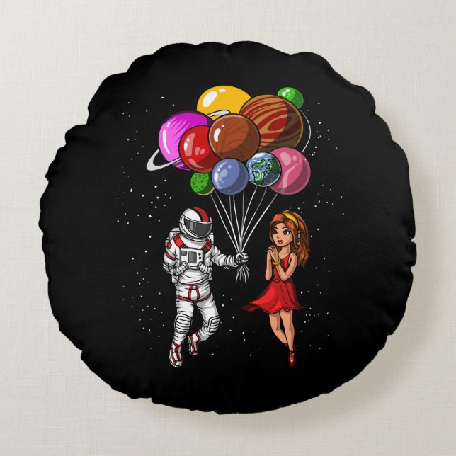 Space Astronaut Couple Cosmic Planets Balloons Round Pillow (Front)
