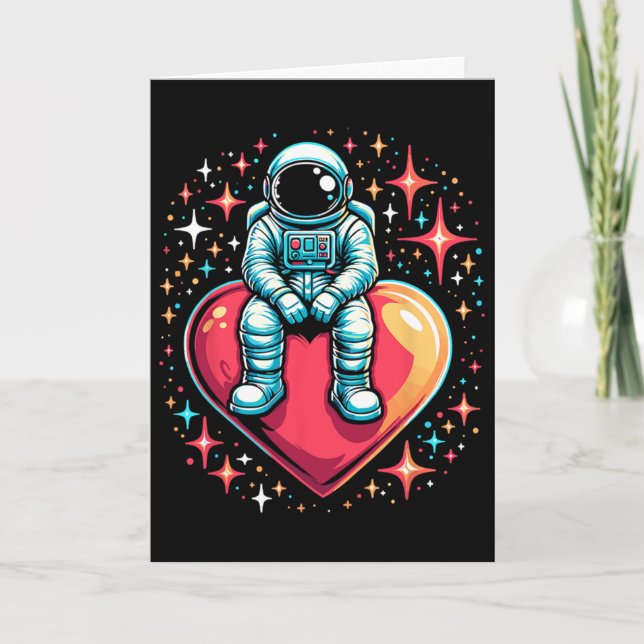 Space Astronaut Heart Bylloon Valentine's Day Vale Card (Front)