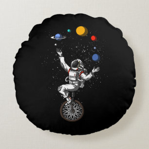 Space Astronaut Juggling Planets Cosmic Astronomy Round Pillow