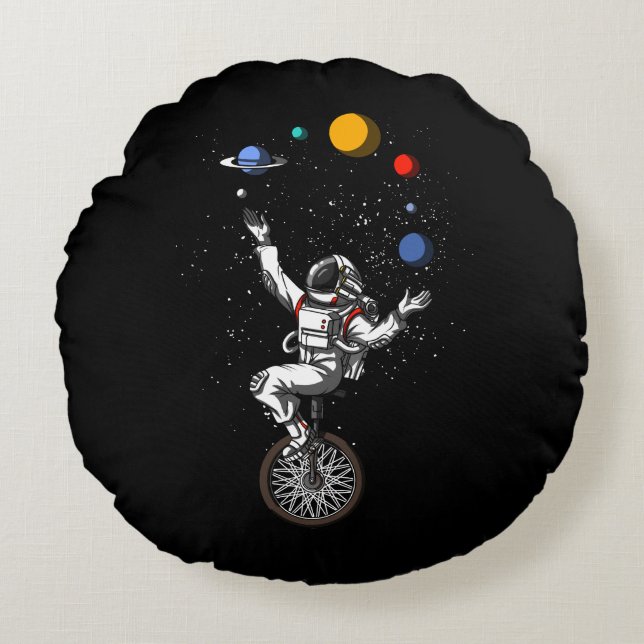 Space Astronaut Juggling Planets Cosmic Astronomy Round Pillow (Front)