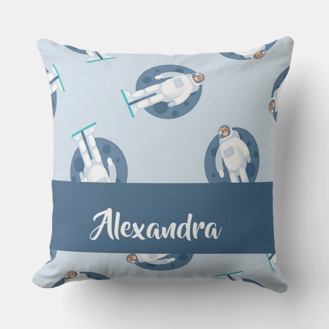 Space astronaut on blue pattern throw pillow (Front)