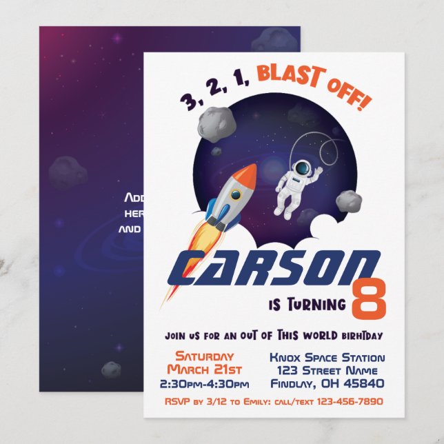 Space Astronaut Out of This World Birthday Invitation (Front/Back)