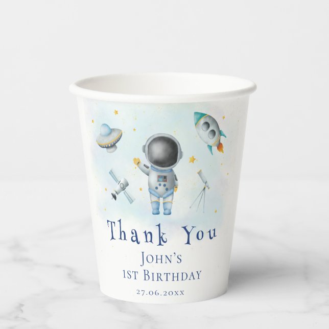 Space baby Astronaut Boy rocket stars 1st Birthday Paper Cups (Front)
