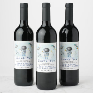 Space baby Astronaut Boy rockets stars Baby Shower Wine Label