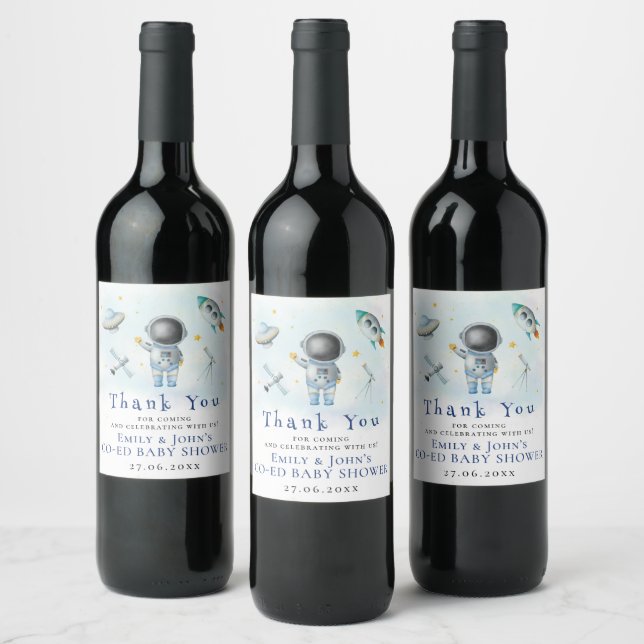 Space baby Astronaut Boy rockets stars Baby Shower Wine Label (Bottles)