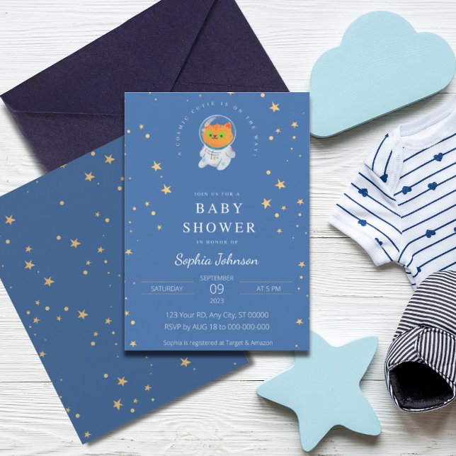 Space Baby Shower, Cute Cat, Cosmic Cutie Invitation (Creator Uploaded)