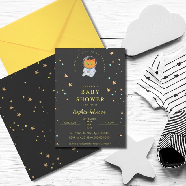 Space Baby Shower, Cute Cat, Cosmic Cutie Invitation (Creator Uploaded)