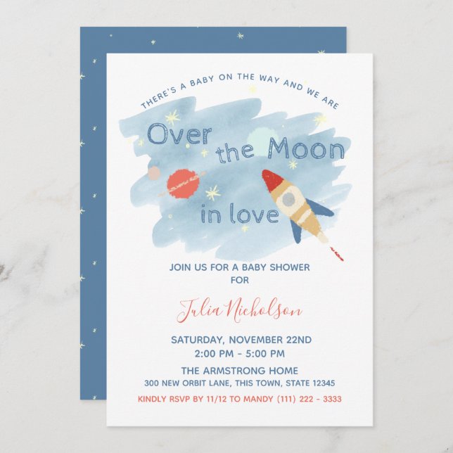 Space Baby Shower Over the Moon Invitation (Front/Back)