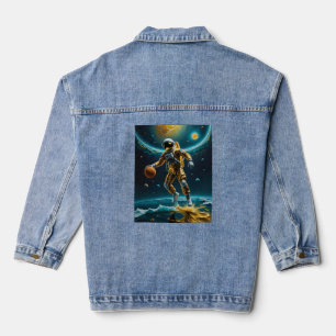 Space Basketball Astronaut Floating on Gold Tee Denim Jacket