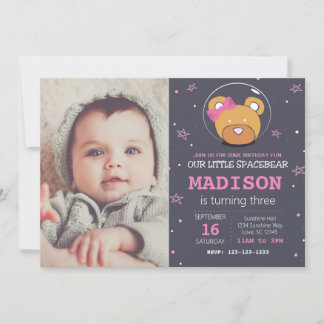 Space Bear rose Anniversaire Invitation avec photo