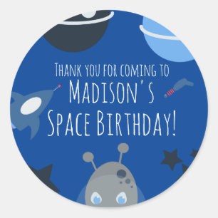 Space Birthday Alien Themed Blue Grey Classic R Round Sticker