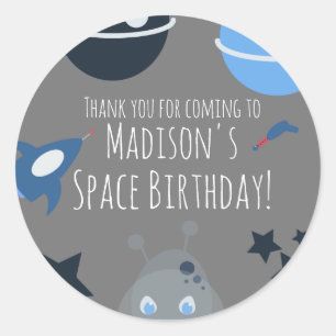 Space Birthday  Alien Themed Blue Grey   Classic Round Sticker