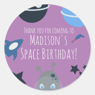 Space Birthday Alien Themed Blue Purple Classic Round Sticker