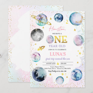 Space Birthday Girl Pink First Trip Around The Sun Invitation
