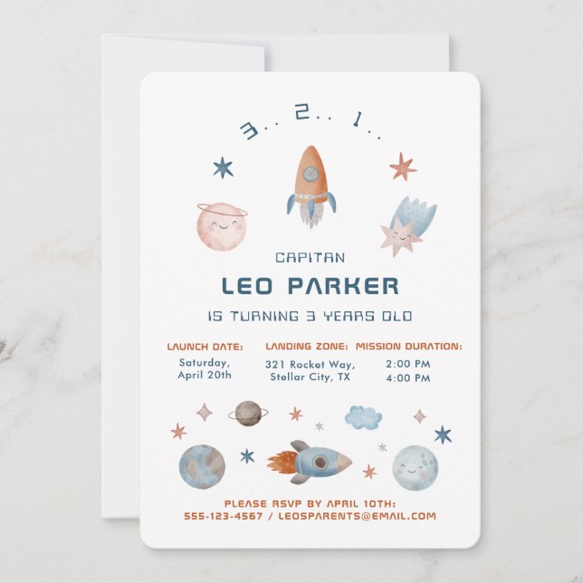 Space Birthday Invitation - Galaxy Rocket Theme II (Front)