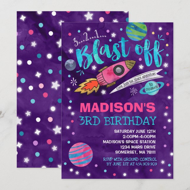 Space Birthday Invitation Outer Space Party (Front/Back)