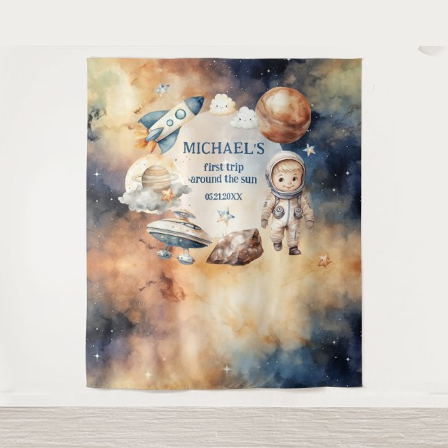 Space Birthday Party First Trip Around The Sun Boy Tapestry (Front)