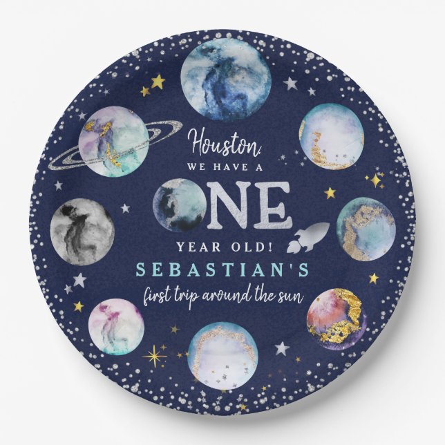 Space Birthday Party  First Trip Around The Sun Pa Paper Plate (Front)