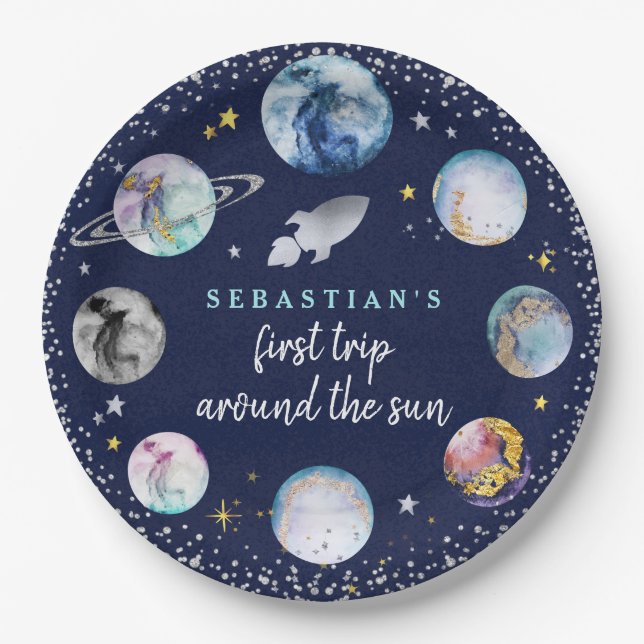 Space Birthday Party  First Trip Around The Sun Paper Plate (Front)