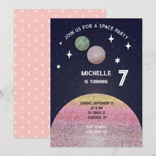 Space Birthday party In Pink Invitation