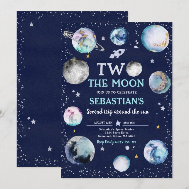 Space Birthday Party Two The Moon Boy 2nd Birthday Invitation (Front/Back)