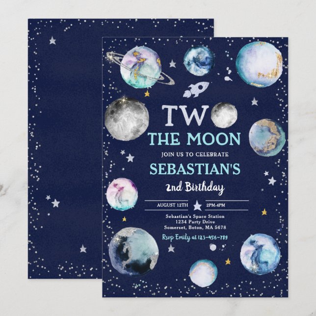Space Birthday Party Two The Moon Boy 2nd Birthday Invitation (Front/Back)