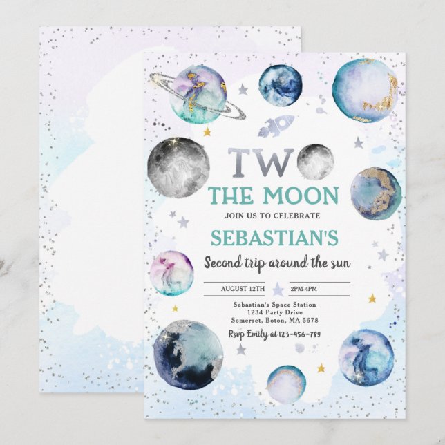 Space Birthday Party Two The Moon Boy 2nd Birthday Invitation (Front/Back)