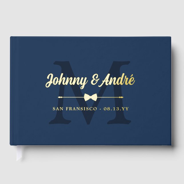 Space Blue Gold Bowtie Monogram Gay Wedding Guest Book (Front)