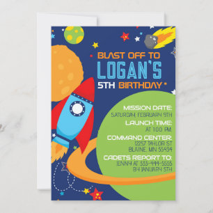 Space Blue Rocket Invitations d'anniversaire
