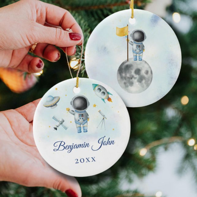 Space Boy Gold Galaxy Moon Stars rocket UFO Throw  Ceramic Ornament (Creator Uploaded)