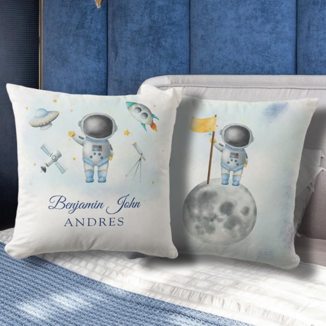 Space Boy Gold Galaxy Moon Stars rocket UFO Throw  Throw Pillow (Creator Uploaded)