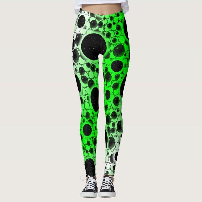 Space Bubble Spots - White/Green Leggings (Front)