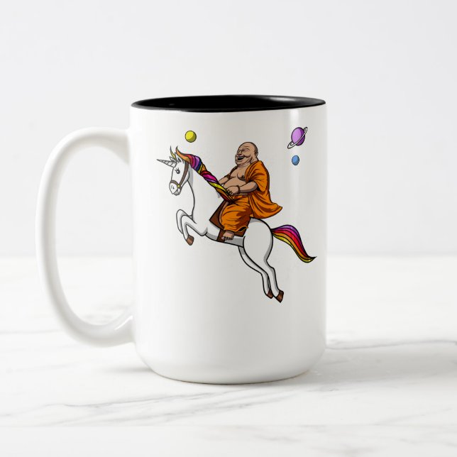 Space Buddha Riding Magical Unicorn Cosmic Two-Tone Coffee Mug (Left)