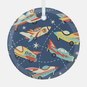 Space Cars: Vintage Dark Blue. Glass Ornament
