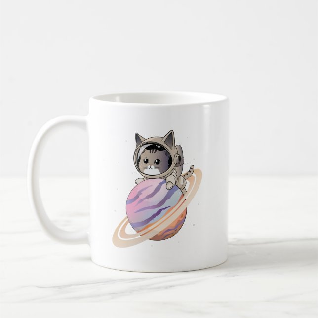 Space Cat Astronaut with Planet Saturn Coffee Mug (Left)