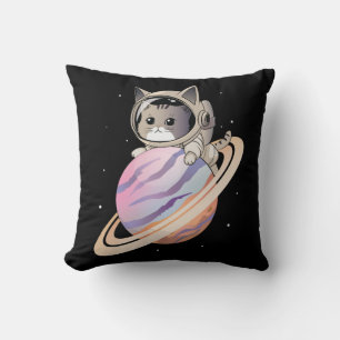 Space Cat Astronaut with Planet Saturn Throw Pillow