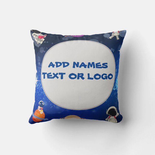Space Cat Astronauts Stars Planets Blue Throw Pillow (Back)