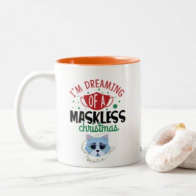 Space Cat Dreaming of a MaskLESS Christmas | Funny Two-Tone Coffee Mug (With Donut)