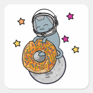 Space Cat Holding Donut Cute Cartoon Style Graphic Square Sticker
