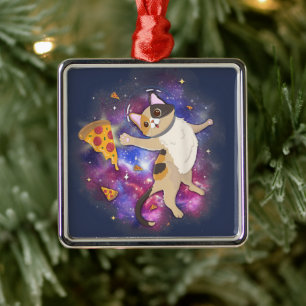 Space Cat Kitten Astronaut Funny Pizza Mars Alien  Metal Ornament