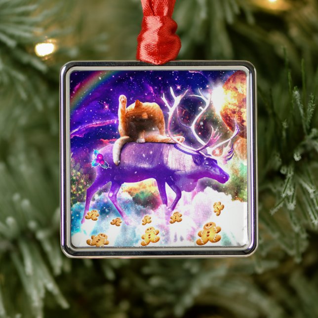 Space cat licking itself metal ornament (Tree)