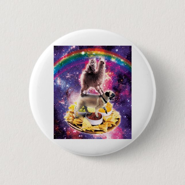 Space Cat Llama Pug Riding Nachos 2 Inch Round Button (Front)