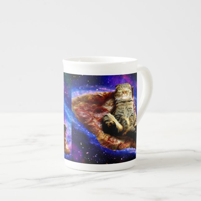 Space cat lying on a pizza bone china mug (Front Right)