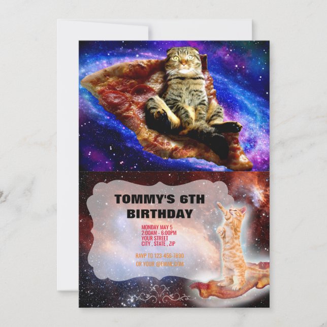Space cat lying on a pizza invitation (Front)