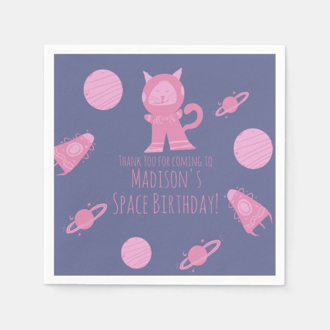 Space Cat Pink Galaxy Birthday   Napkin (Front)