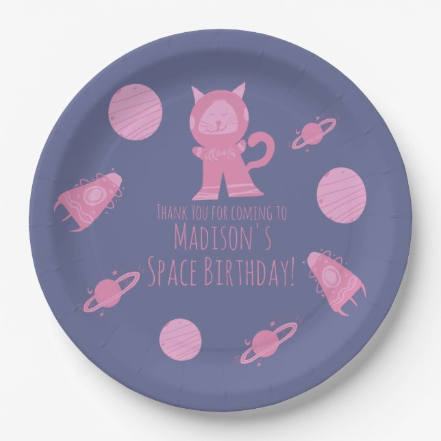 Space Cat Pink Galaxy Birthday  Paper Plate (Front)